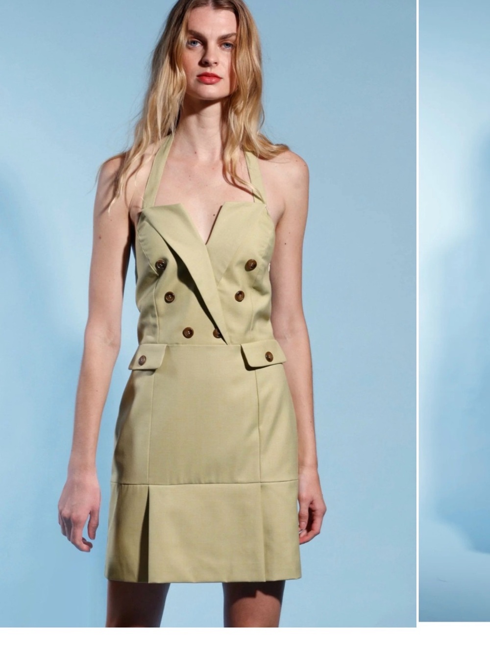 Walter Baker Halter Double-Breasted Mini Dress in Light Olive